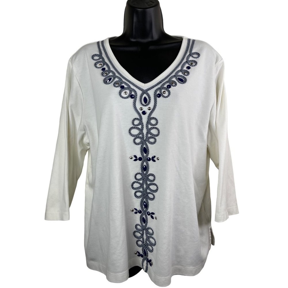 Alfred Dunner Top Womens Size Extra Large XL 3/4 Sleeve Cream Navy Blue Knit